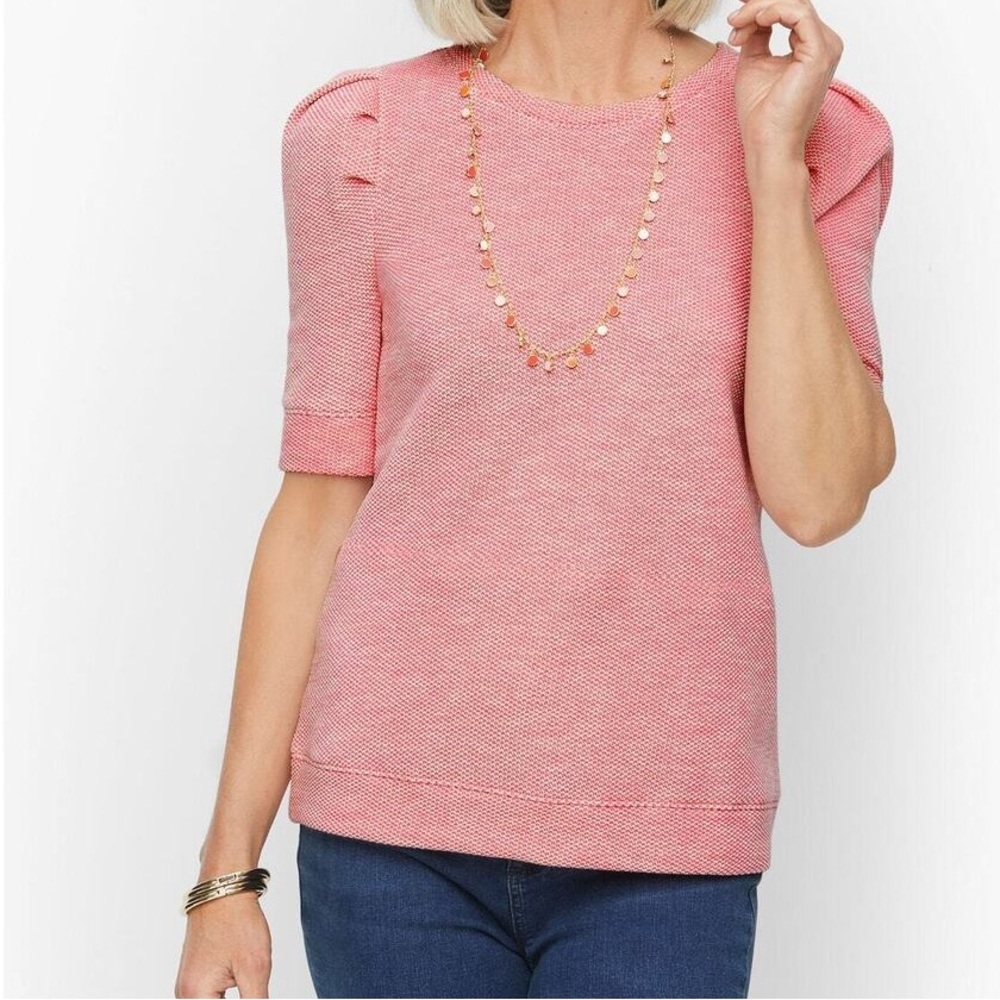 Talbots Pink Fleece Lined Puff Sleeve Crew Neck Casual Jacquard Top Size XL